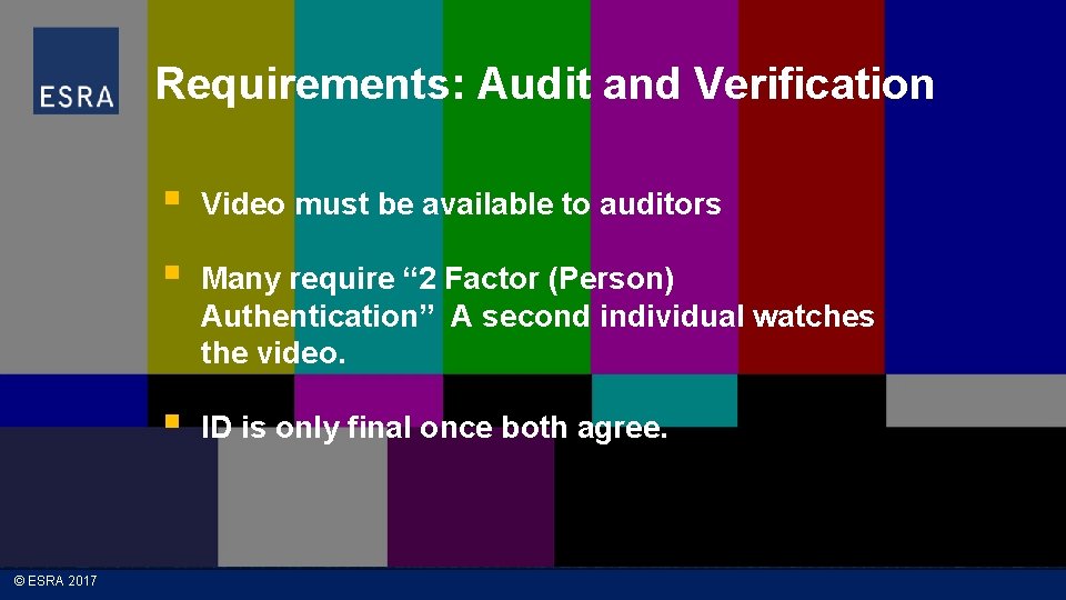 Requirements: Audit and Verification § Video must be available to auditors § Many require