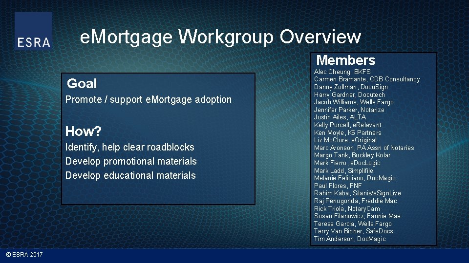e. Mortgage Workgroup Overview Members Goal Promote / support e. Mortgage adoption How? Identify,