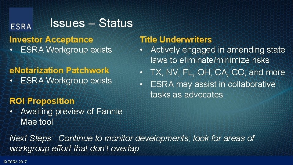Issues – Status Investor Acceptance • ESRA Workgroup exists e. Notarization Patchwork • ESRA
