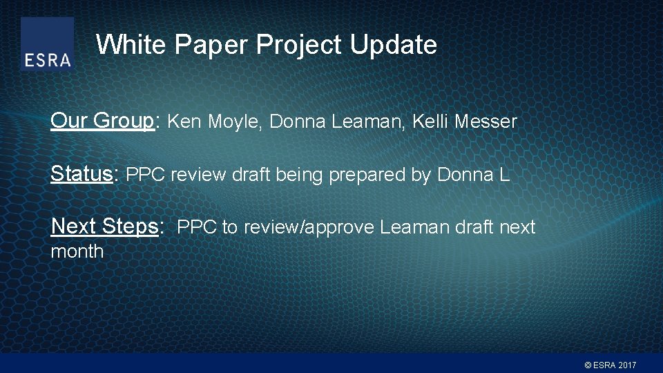 White Paper Project Update Our Group: Ken Moyle, Donna Leaman, Kelli Messer Status: PPC