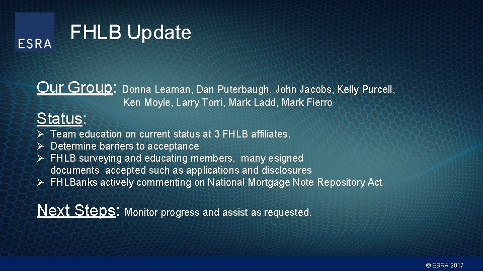 FHLB Update Our Group: Donna Leaman, Dan Puterbaugh, John Jacobs, Kelly Purcell, Ken Moyle,