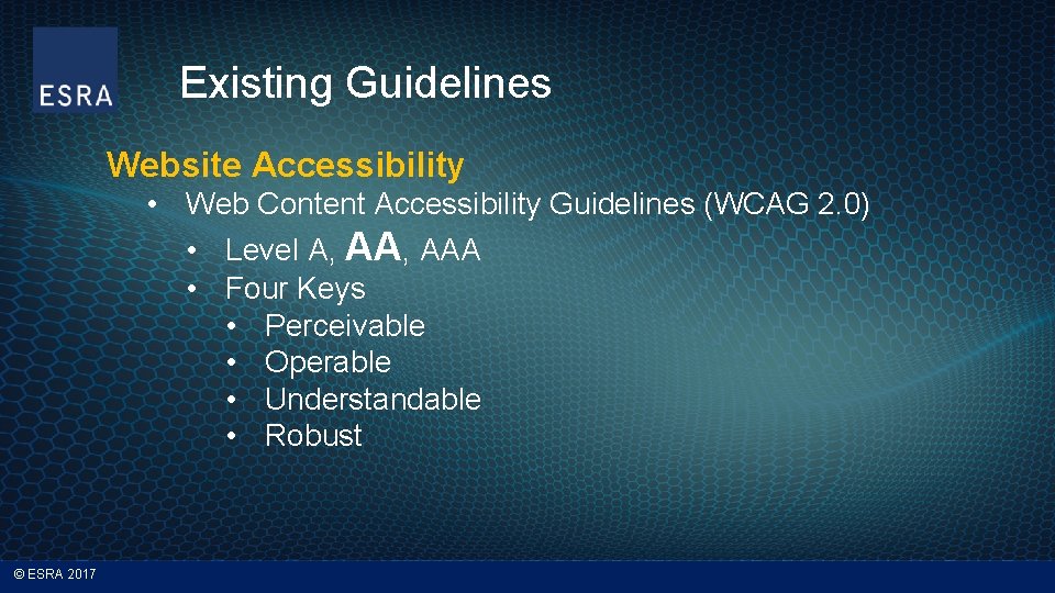 Existing Guidelines Website Accessibility • Web Content Accessibility Guidelines (WCAG 2. 0) • Level