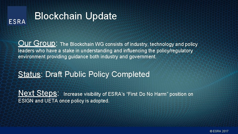 Blockchain Update Our Group: The Blockchain WG consists of industry, technology and policy leaders