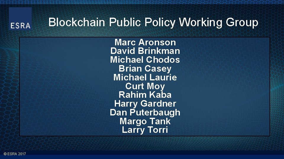 Blockchain Public Policy Working Group Marc Aronson David Brinkman Michael Chodos Brian Casey Michael