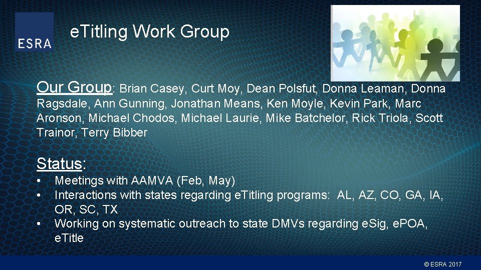 e. Titling Work Group Our Group: Brian Casey, Curt Moy, Dean Polsfut, Donna Leaman,