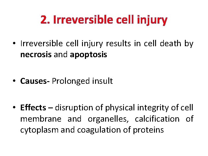 2. Irreversible cell injury • Irreversible cell injury results in cell death by necrosis