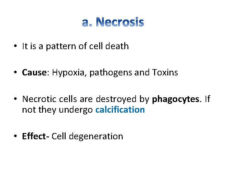  • It is a pattern of cell death • Cause: Hypoxia, pathogens and