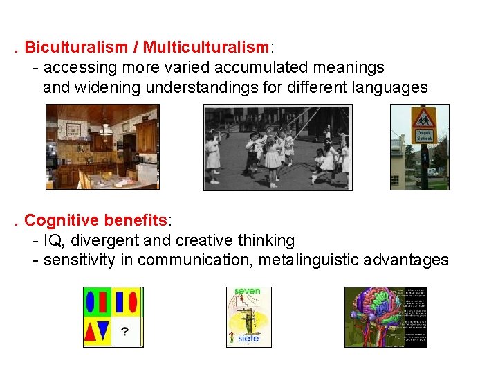 . Biculturalism / Multiculturalism: - accessing more varied accumulated meanings and widening understandings for