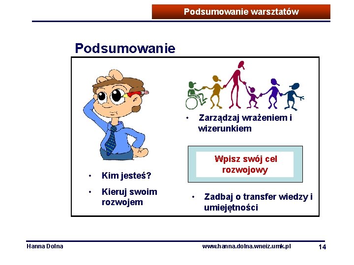 Podsumowanie warsztatów Podsumowanie • Hanna Dolna • Kim jesteś? • Kieruj swoim rozwojem Zarządzaj