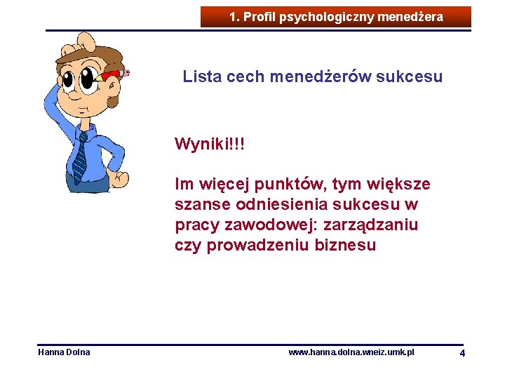 1. Profil psychologiczny menedżera Lista cech menedżerów sukcesu Wyniki!!! Im więcej punktów, tym większe