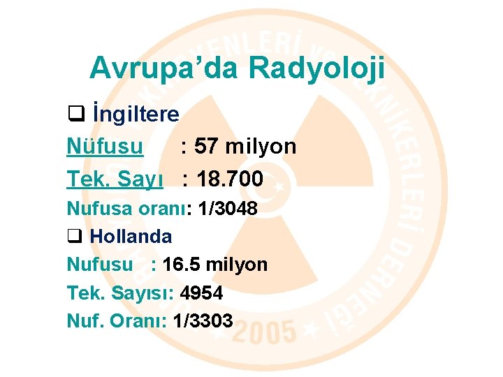 Avrupa’da Radyoloji q İngiltere Nüfusu : 57 milyon Tek. Sayı : 18. 700 Nufusa