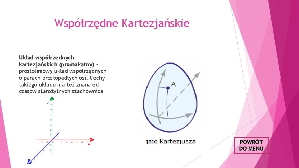 Współrzędne Kartezjańskie Układ współrzędnych kartezjańskich (prostokątny) – prostoliniowy układ współrzędnych o parach prostopadłych osi.