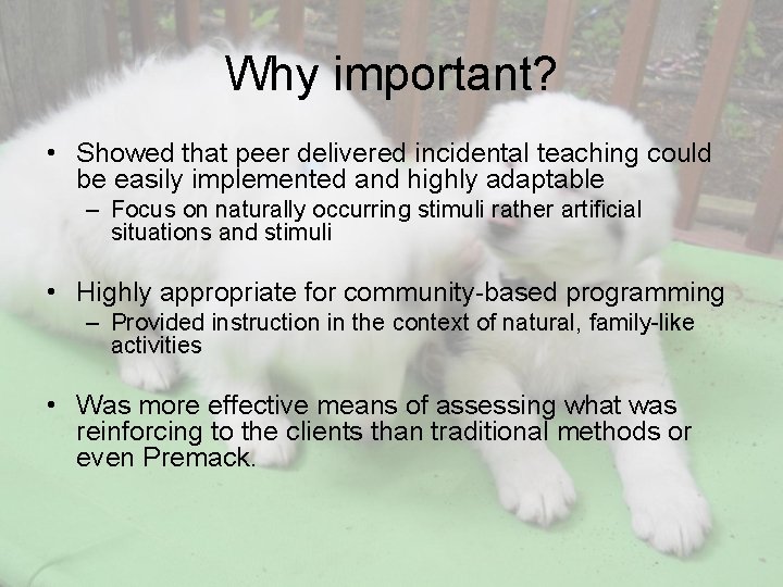 Why important? • Showed that peer delivered incidental teaching could be easily implemented and