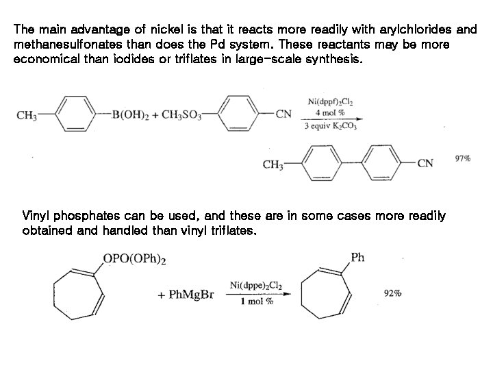 The main advantage of nickel is that it reacts more readily with arylchlorides and