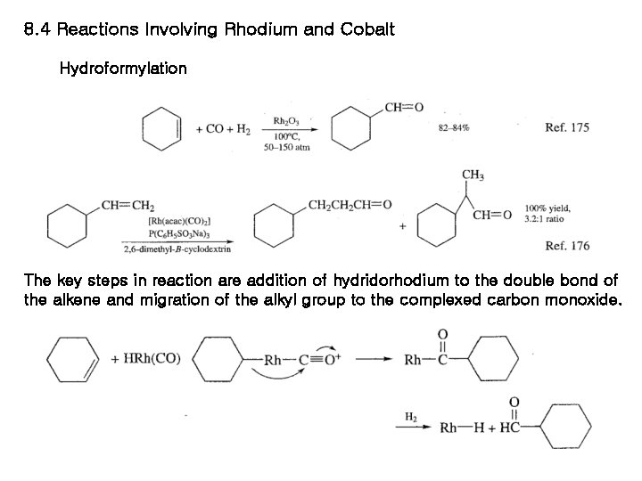 8. 4 Reactions Involving Rhodium and Cobalt Hydroformylation The key steps in reaction are