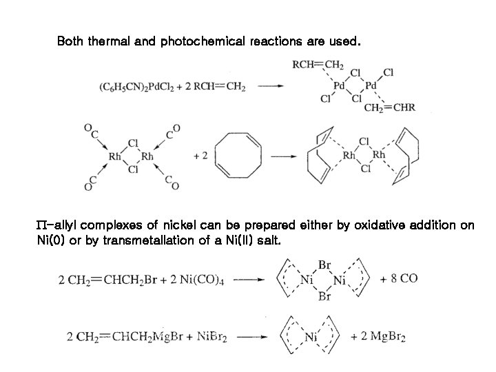 Both thermal and photochemical reactions are used. P-allyl complexes of nickel can be prepared