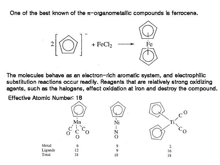 One of the best known of the p-organometallic compounds is ferrocene. The molecules behave