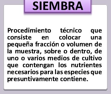 SIEMBRA Procedimiento técnico que consiste en colocar una pequeña fracción o volumen de la