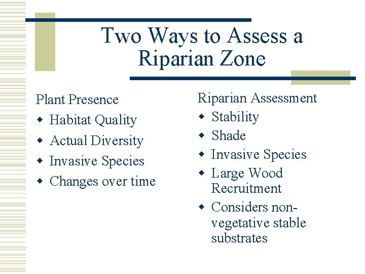 Two Ways to Assess a Riparian Zone Plant Presence w Habitat Quality w Actual
