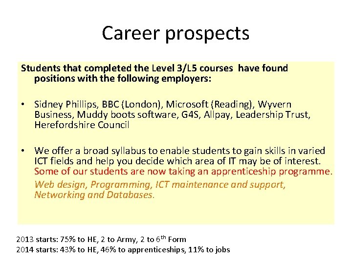 Career prospects Students that completed the Level 3/L 5 courses have found positions with