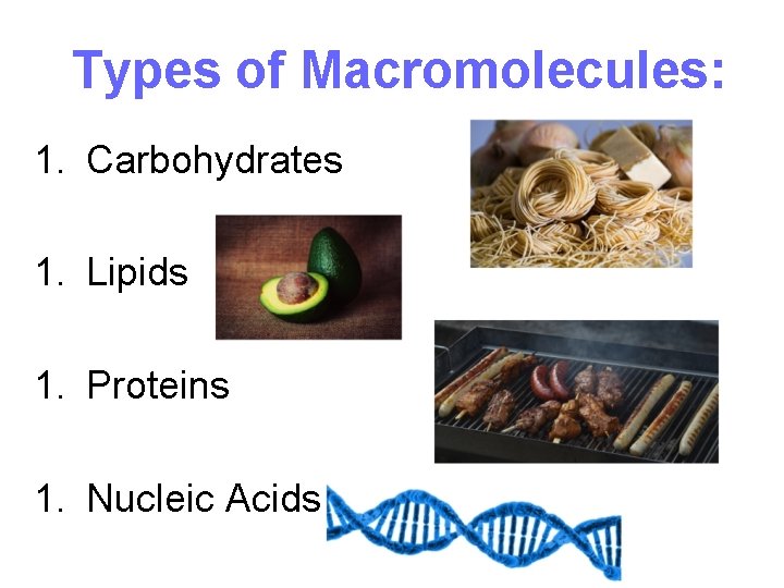 Types of Macromolecules: 1. Carbohydrates 1. Lipids 1. Proteins 1. Nucleic Acids 4 