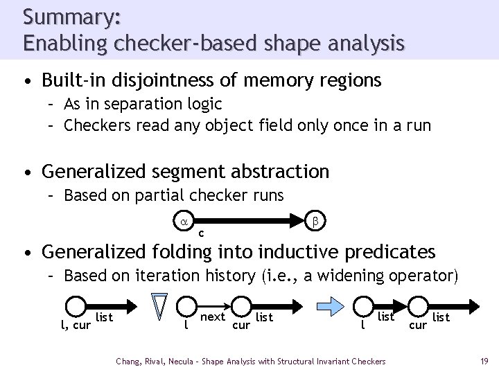 Summary: Enabling checker-based shape analysis • Built-in disjointness of memory regions – As in