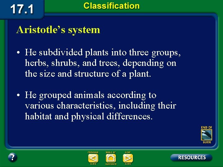 Aristotle’s system • He subdivided plants into three groups, herbs, shrubs, and trees, depending