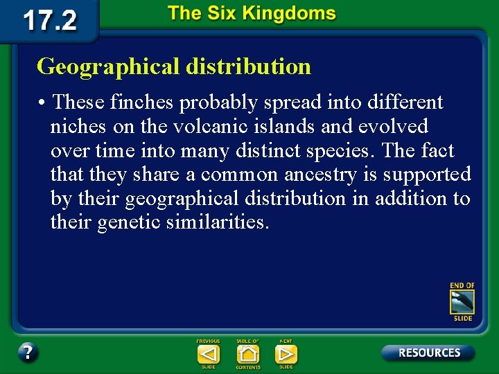 Geographical distribution • These finches probably spread into different niches on the volcanic islands