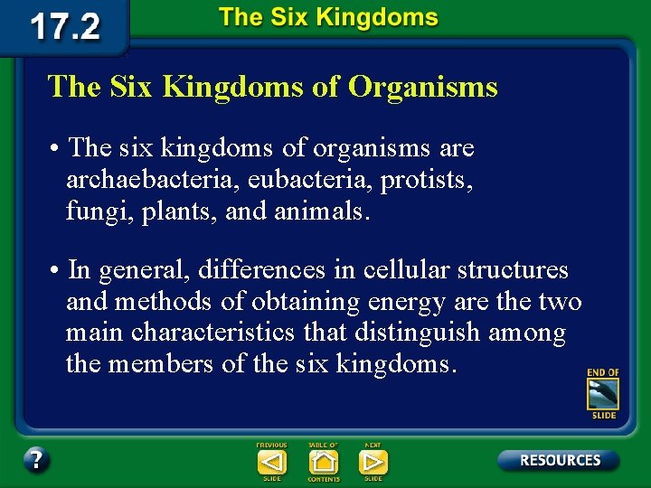 The Six Kingdoms of Organisms • The six kingdoms of organisms are archaebacteria, eubacteria,