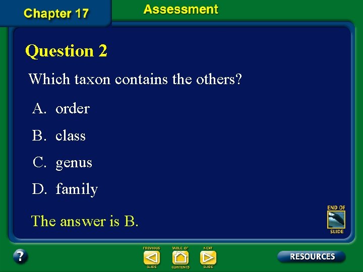 Question 2 Which taxon contains the others? A. order B. class C. genus D.