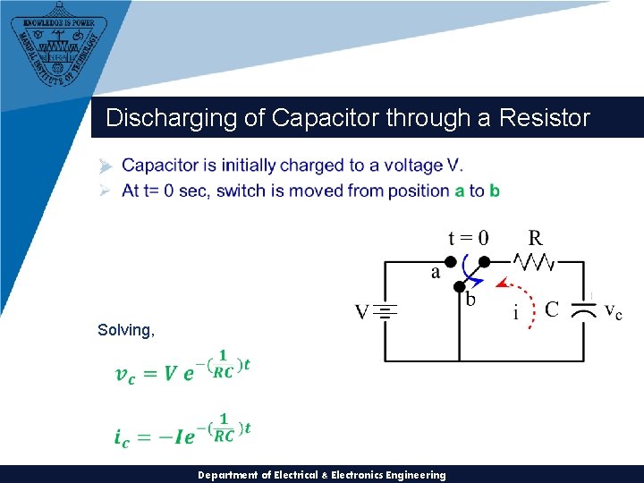 Discharging of Capacitor through a Resistor Ø Solving, Department of Electrical & Electronics Engineering