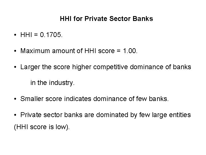 HHI for Private Sector Banks • HHI = 0. 1705. • Maximum amount of