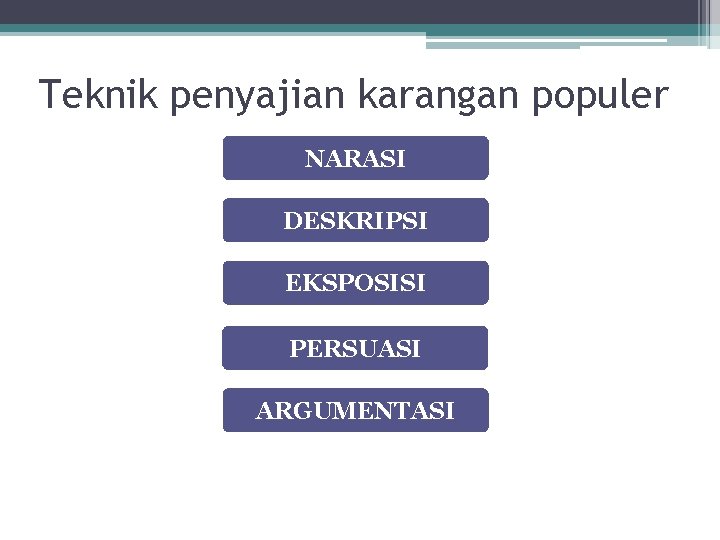 Teknik penyajian karangan populer NARASI DESKRIPSI EKSPOSISI PERSUASI ARGUMENTASI 