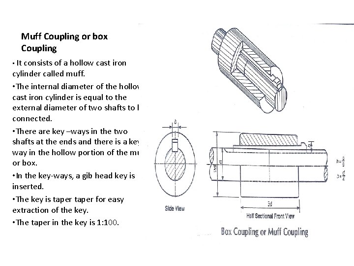 Muff Coupling or box Coupling • It consists of a hollow cast iron cylinder