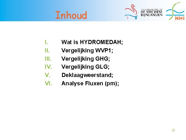 Inhoud I. III. IV. V. VI. Wat is HYDROMEDAH; Vergelijking WVP 1; Vergelijking GHG;