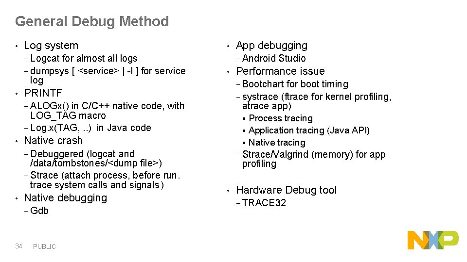 General Debug Method • Log system • − Android Studio − Logcat for almost