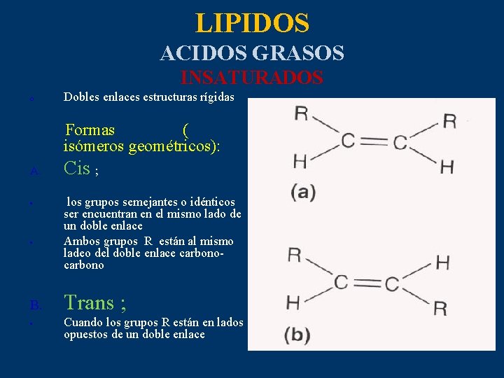 LIPIDOS ACIDOS GRASOS INSATURADOS o Dobles enlaces estructuras rígidas Formas ( isómeros geométricos): A.