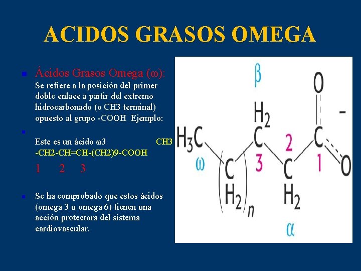 ACIDOS GRASOS OMEGA n Ácidos Grasos Omega (ω): Se refiere a la posición del