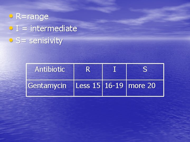  • R=range • I = intermediate • S= senisivity Antibiotic Gentamycin R I