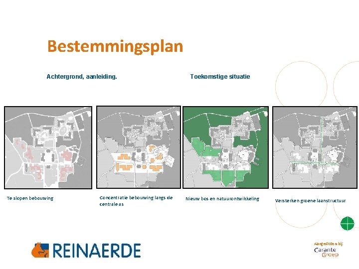 Bestemmingsplan Achtergrond, aanleiding. Te slopen bebouwing Concentratie bebouwing langs de centrale as Toekomstige situatie