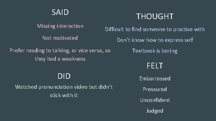 SAID Missing interaction THOUGHT Difficult to find someone to practice with Not motivated Don’t