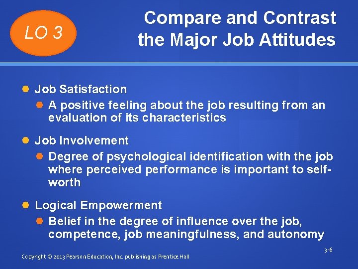 LO 3 Compare and Contrast the Major Job Attitudes Job Satisfaction A positive feeling