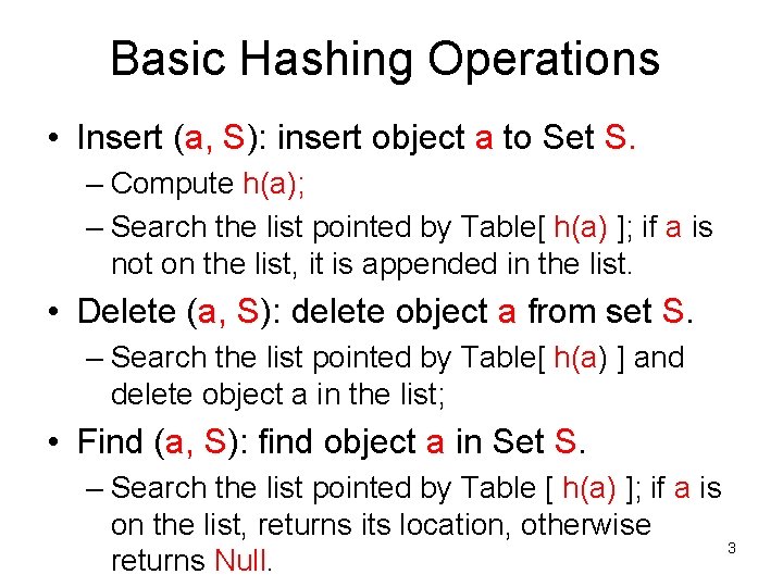 Basic Hashing Operations • Insert (a, S): insert object a to Set S. –
