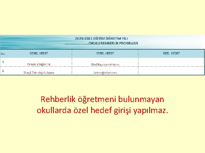 Rehberlik öğretmeni bulunmayan okullarda özel hedef girişi yapılmaz. 