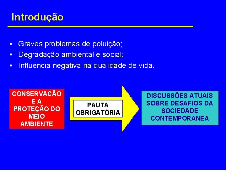 Introdução • Graves problemas de poluição; • Degradação ambiental e social; • Influencia negativa