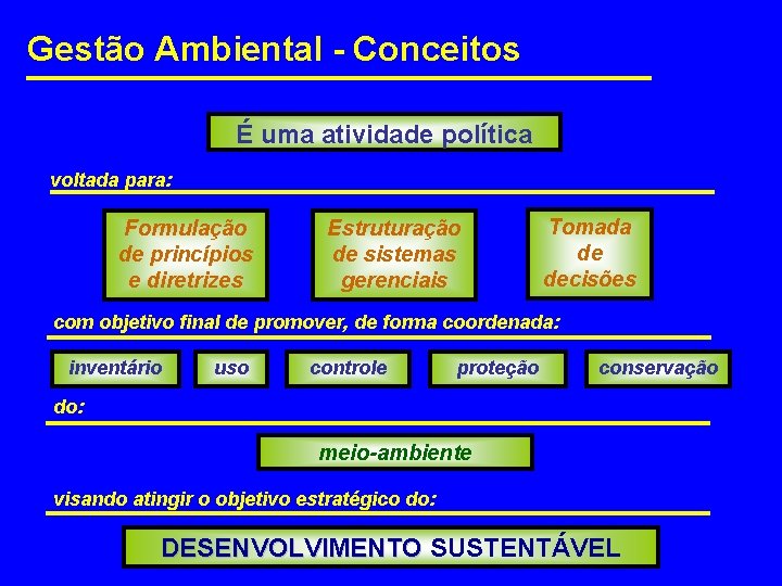 Gestão Ambiental - Conceitos É uma atividade política voltada para: Formulação de princípios e