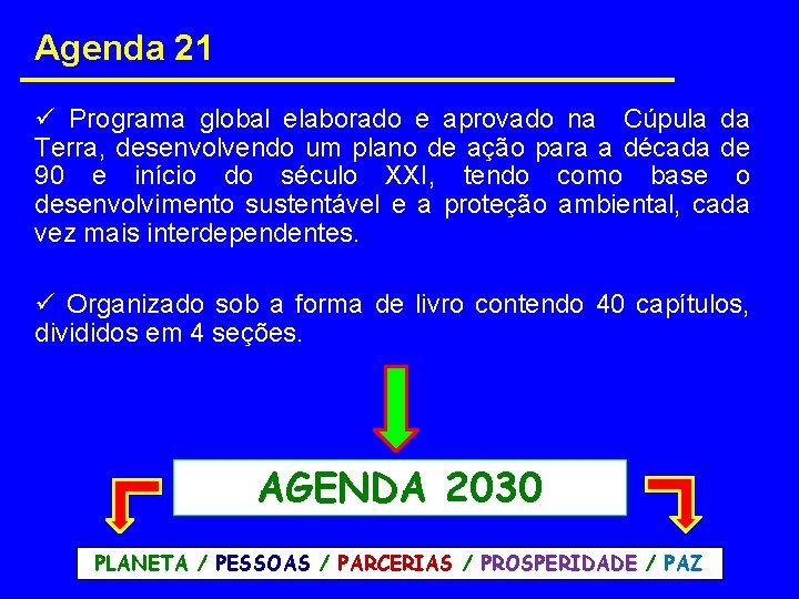 Agenda 21 ü Programa global elaborado e aprovado na Cúpula da Terra, desenvolvendo um