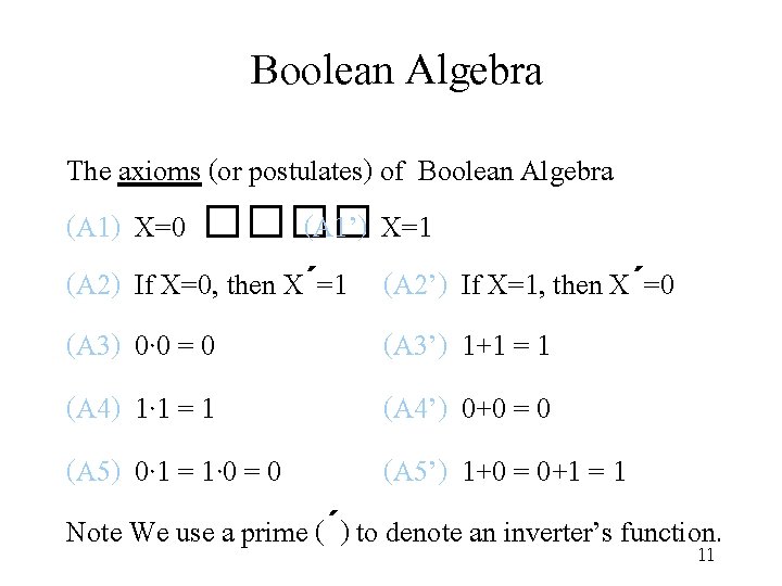 Boolean Algebra The axioms (or postulates) of Boolean Algebra (A 1) X=0 ���� (A