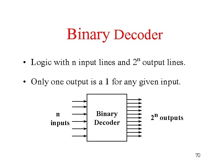 Binary Decoder • Logic with n input lines and 2 n output lines. •