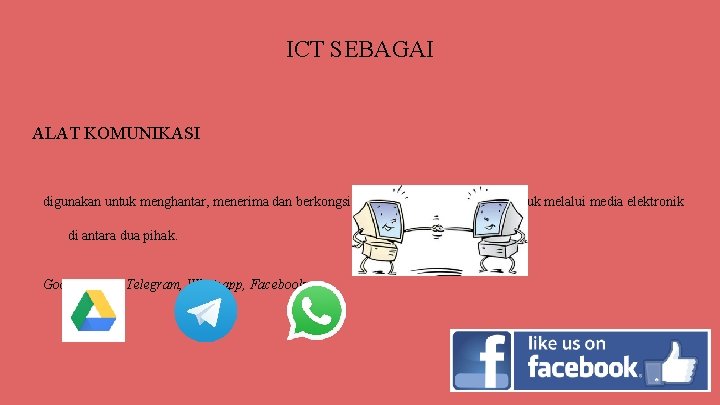 ICT SEBAGAI ALAT KOMUNIKASI digunakan untuk menghantar, menerima dan berkongsi maklumat dalam pelbagai bentuk